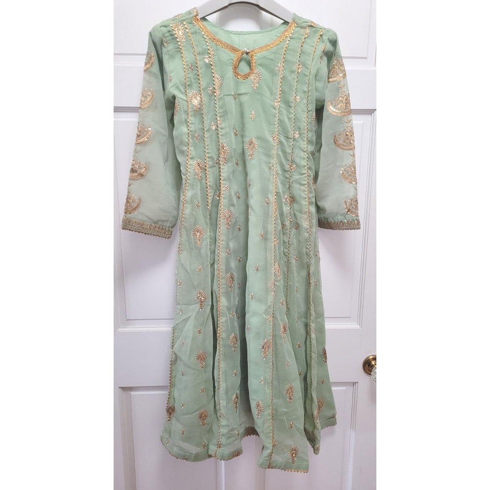3pc Embroidered Sequin Cotton Chiffon Salwar Kameez & Dupatta - Mint Green - S